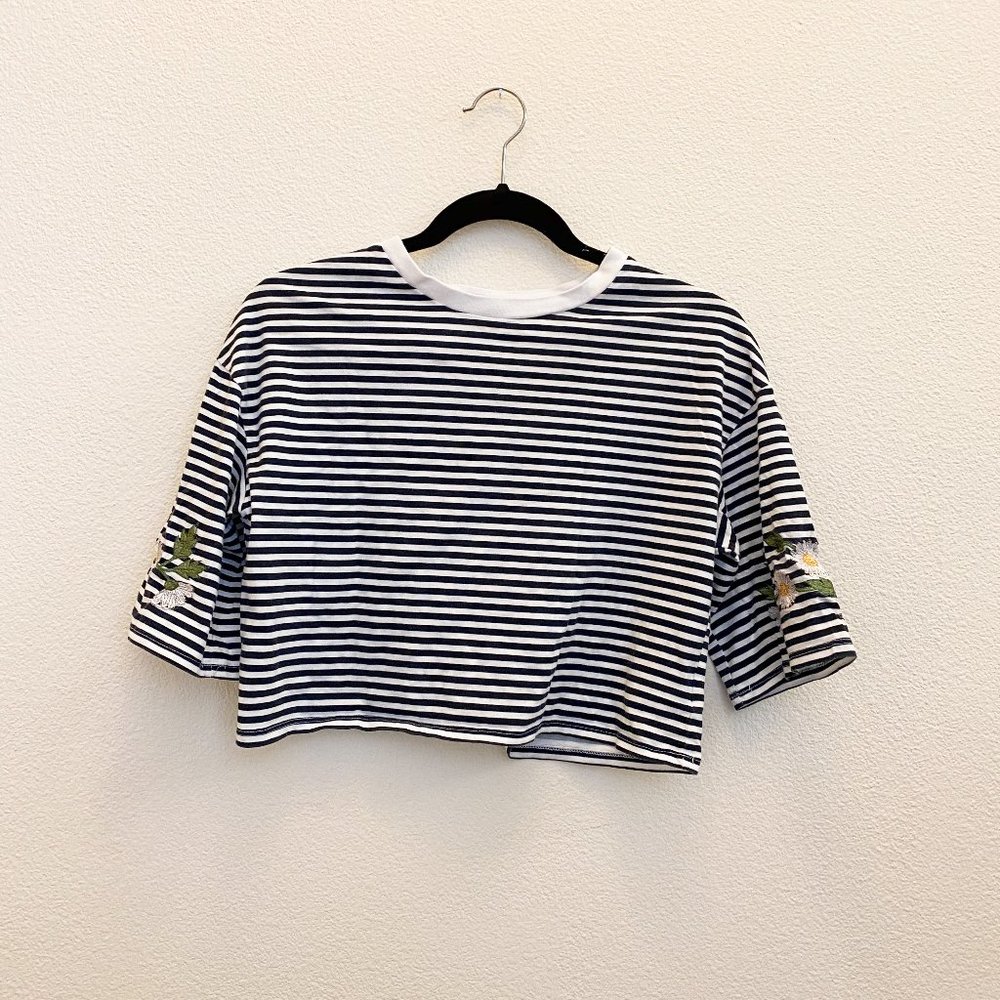 H&M Striped Crop Top with Floral Sleeves